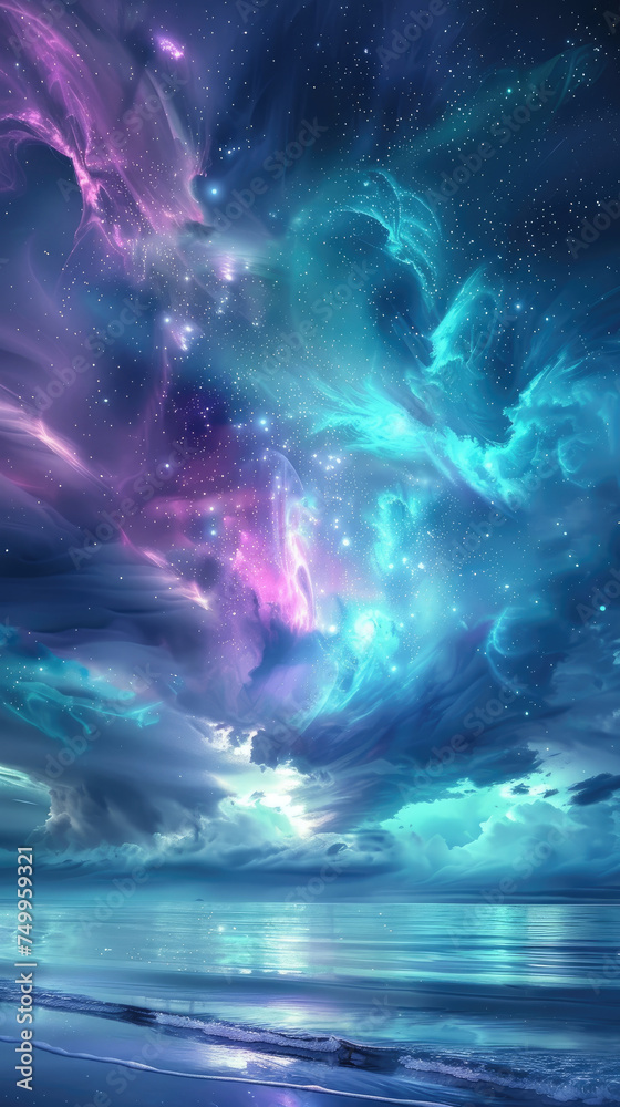Fantasy cosmic ocean under starry sky - An ethereal scene blending an otherworldly nebula with a tranquil ocean under a star-studded sky