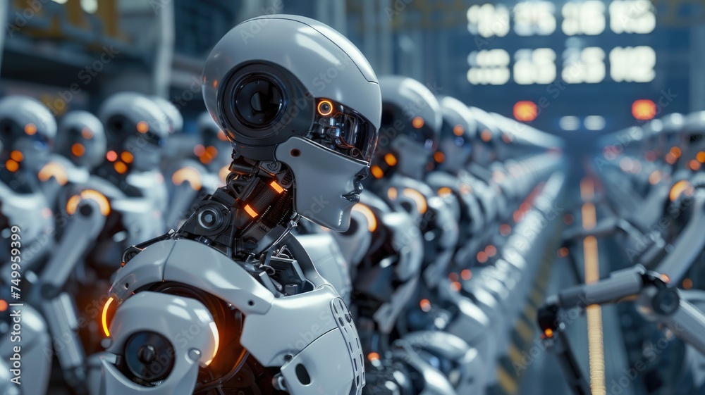 Futuristic robot assembly line in a factory - Advanced robotic technology depicted by an assembly line of humanoid robots in an industrial setting