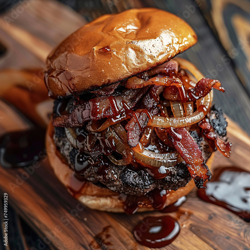 Burger with caramelized onions and bacon