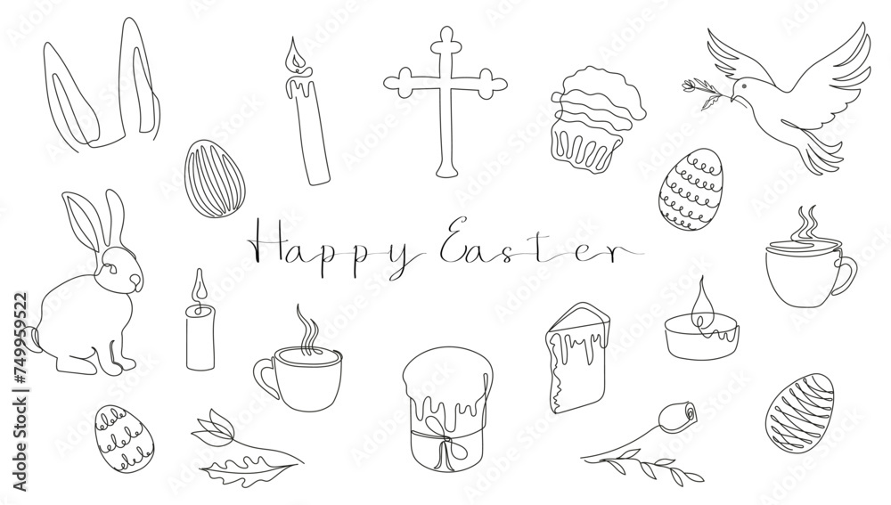 Easter Set in continuous one line style with design elements like bunny, eggs, dove, candles, cross, Easter cakes, steaming mugs, flowers. Black and white Vector isolated on white. Clipart.