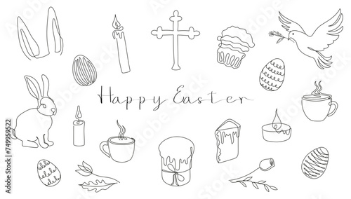 Easter Set in continuous one line style with design elements like bunny, eggs, dove, candles, cross, Easter cakes, steaming mugs, flowers. Black and white Vector isolated on white. Clipart.