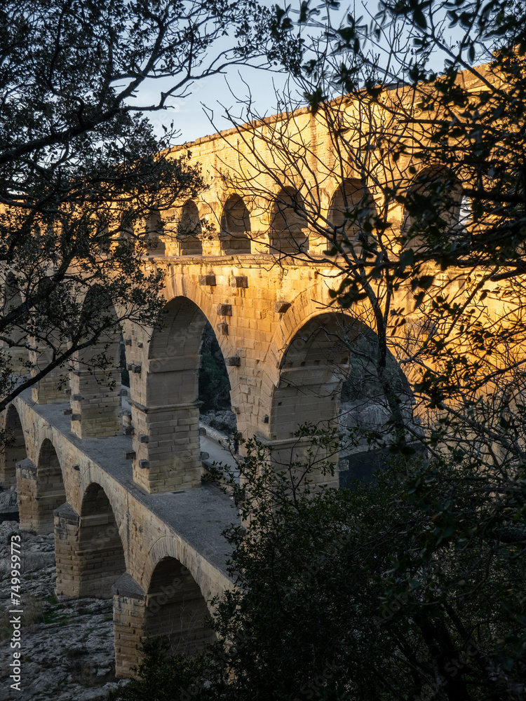 The bridge of Gard at sunset in Provence, South of France