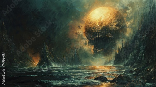 An ethereal fantasy landscape painting, featuring a massive moon rising above a turbulent sea surrounded by dark forests.
