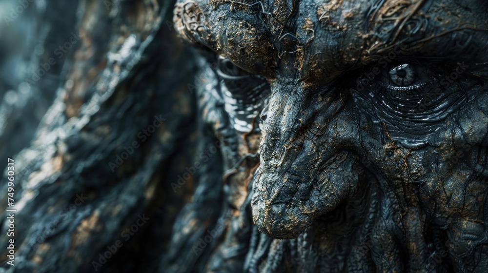 Close-up of a textured tree creature with deep, compelling eyes, evoking a mythical presence. Close-up of a textured tree creature with deep, compelling eyes, evoking a mythical presence.