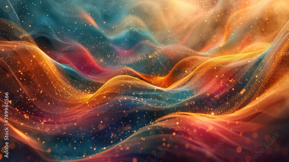 An abstract illustration of undulating waves in cosmic colors with scattered golden particles, evoking a sense of galactic beauty. - obrazy, fototapety, plakaty 