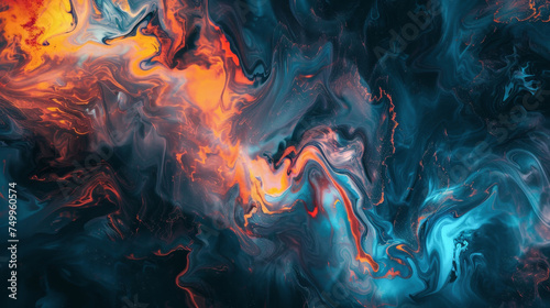 A painting of a colorful swirl of paint with a blue and orange hue