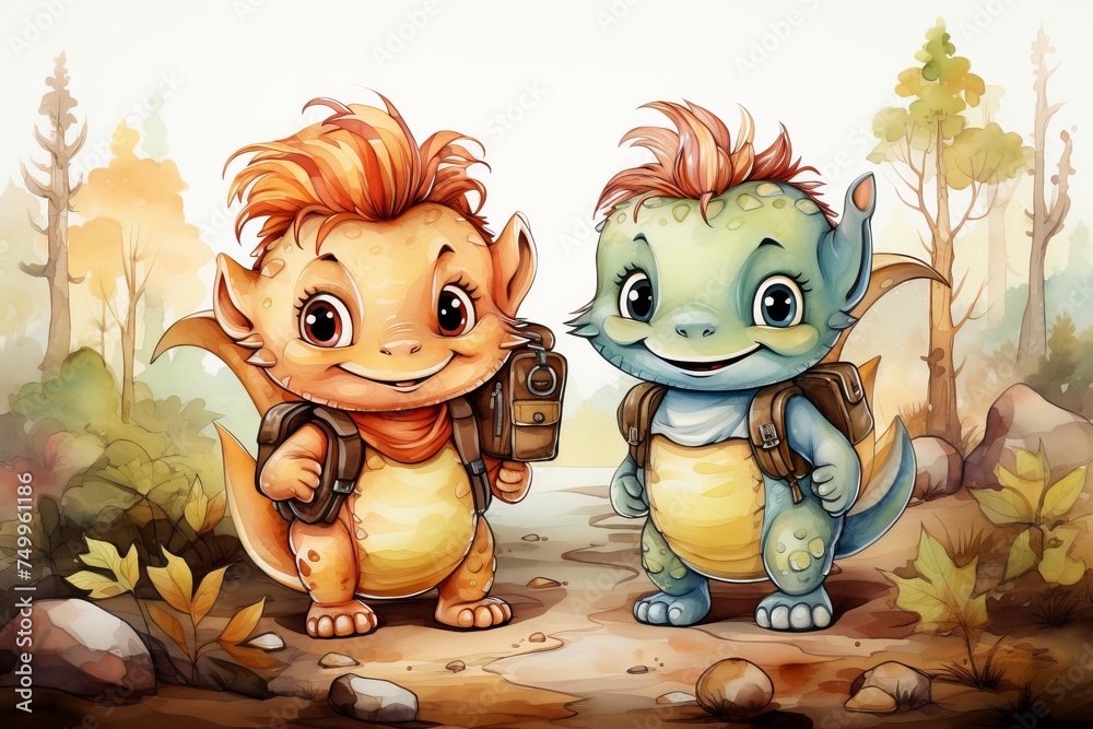 Cheerful dragons smiling and collecting fresh mushrooms in the enchanting autumn forest setting Cheerful dragons smiling and collecting fresh mushrooms in the enchanting autumn forest setting