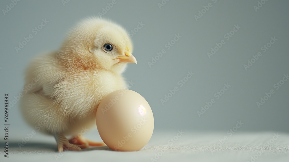 Small hatched chick standing next to egg on light grey-blue background. Place for copying.