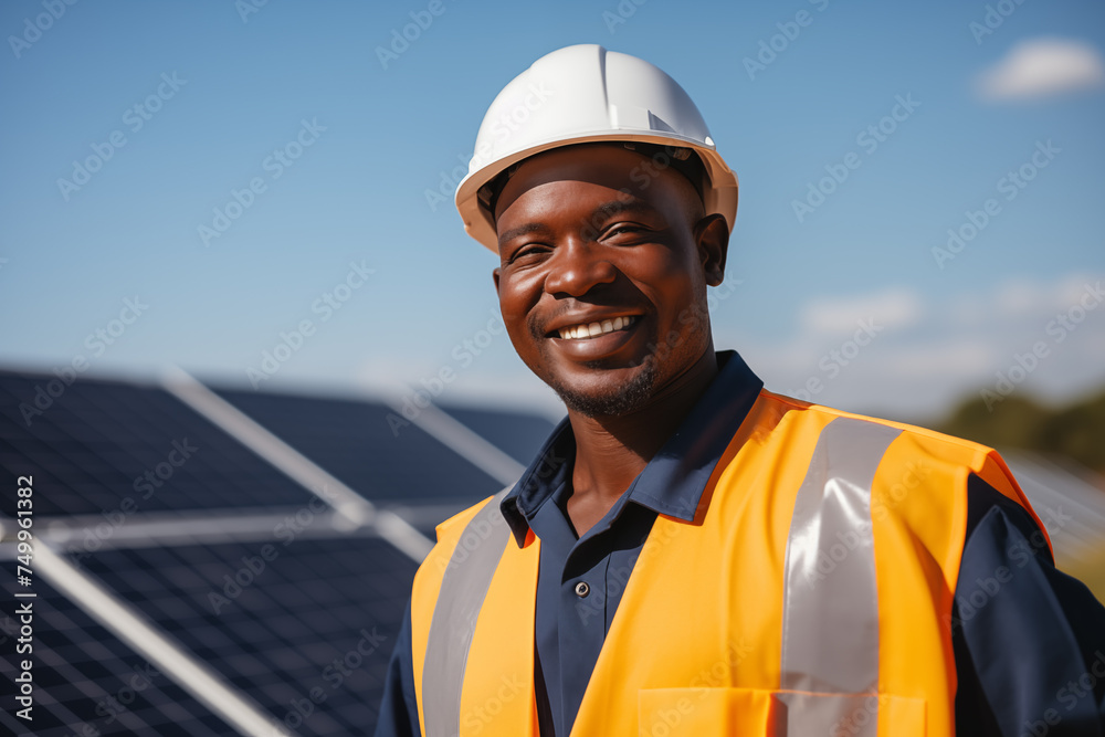 a black man as a construction foreman with solar panels in the background, in a front 3/4 view in a Horizontal layout, in a renewable energy-themed, photorealistic illustration in JPG. Generative ai a black man as a construction foreman with solar panels in the background, in a front 3/4 view in a Horizontal layout, in a renewable energy-themed, photorealistic illustration in JPG. Generative ai
