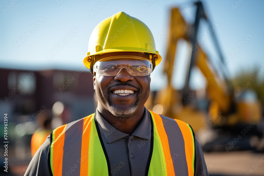 a black man as a construction foreman with building in the background, in a front 3/4 view in a Horizontal layout, in a new construction-themed, photorealistic illustration in JPG. Generative ai