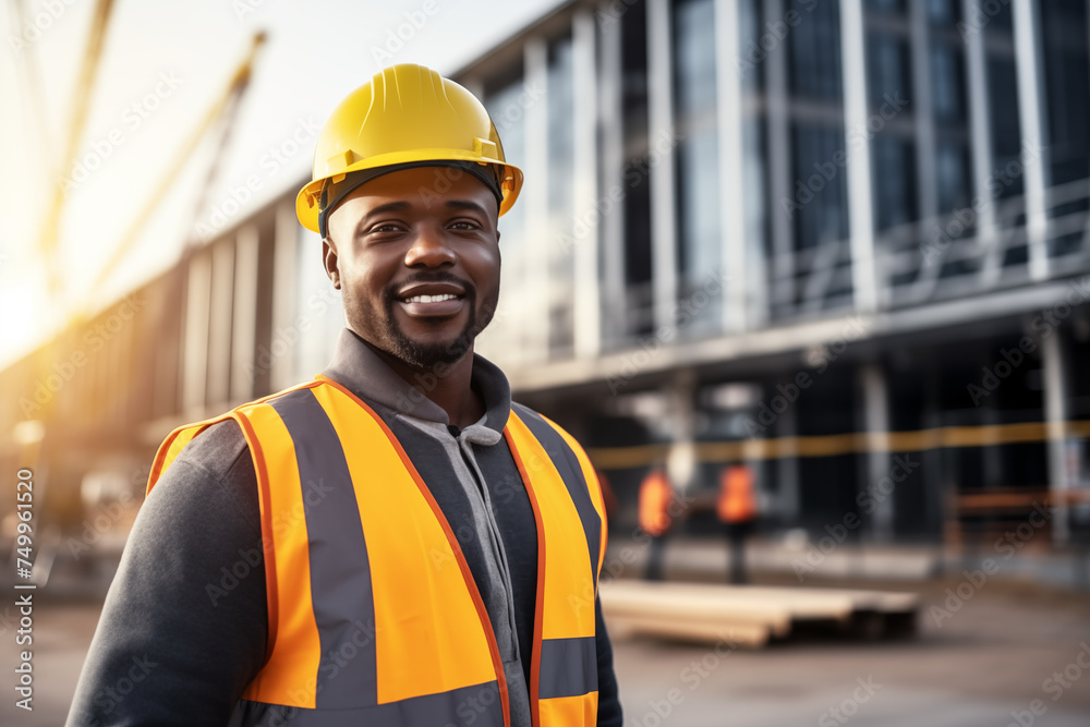 a black man as a construction foreman with building in the background, in a front 3/4 view in a Horizontal layout, in a new construction-themed, photorealistic illustration in JPG. Generative ai a black man as a construction foreman with building in the background, in a front 3/4 view in a Horizontal layout, in a new construction-themed, photorealistic illustration in JPG. Generative ai