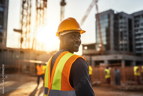 a black man as a construction foreman with building in the background, in a front 3/4 view in a Horizontal layout, in a new construction-themed, photorealistic illustration in JPG. Generative ai