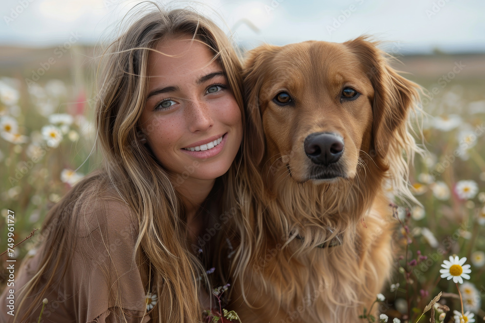 Joyful Woman with Golden Retriever Amongst Wild Daisies Joyful Woman with Golden Retriever Amongst Wild Daisies