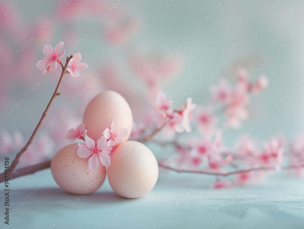 Stylish minimalistic Easter background with white egg and flowering tree sprig on a delicate blue pastel background. Copy space.