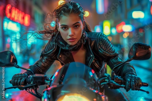 Stylish Young Woman in Leather Jacket Posing on Motorcycle in Vibrant City Nightlife Scene photo