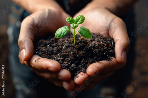 Hands Holding Young Plant in Soil – Growth and Care Concept