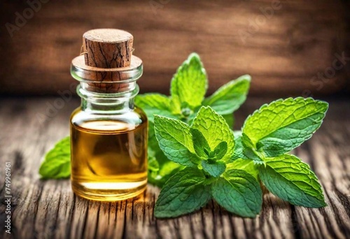 Organic essential aroma oil with mint on aged wooden background. Selective focus.  photo