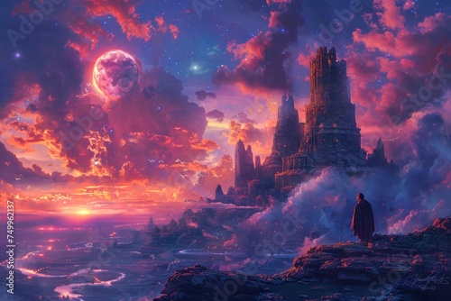 Majestic Fantasy Landscape with Gothic Castle, Mysterious Figure, and Ethereal Moon