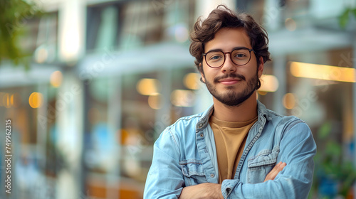 Portrait of a successful young male designer, engineer standing outside an office center, crossing his arms crossed. Successful  man standing outside office building with arms crossed.