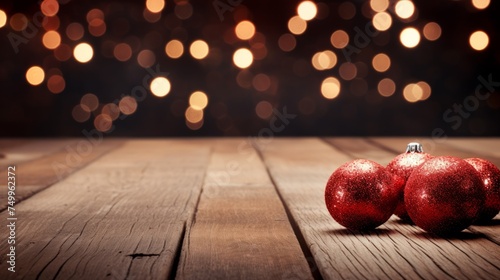 Two Red Christmas Ornaments on Wooden Table