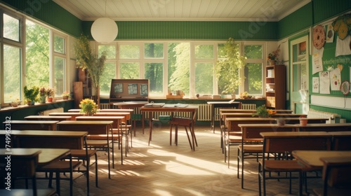 Classroom With Many Desks and Chairs