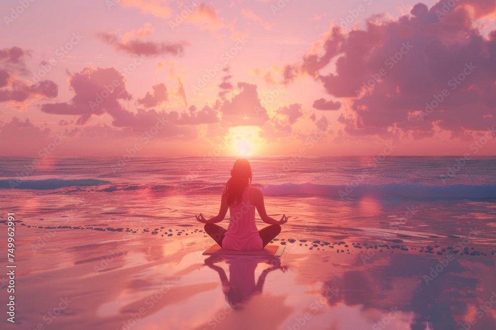 A modern and health conscious woman practicing yoga on a serene beach at sunrise. - obrazy, fototapety, plakaty 