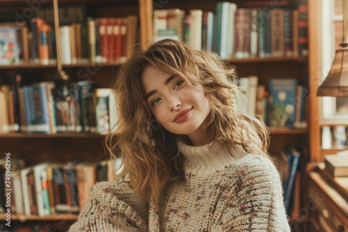 Radiant Young Woman in Cozy Sweater Smiling in Warm Home Library Setting Surrounded by Bookshelves