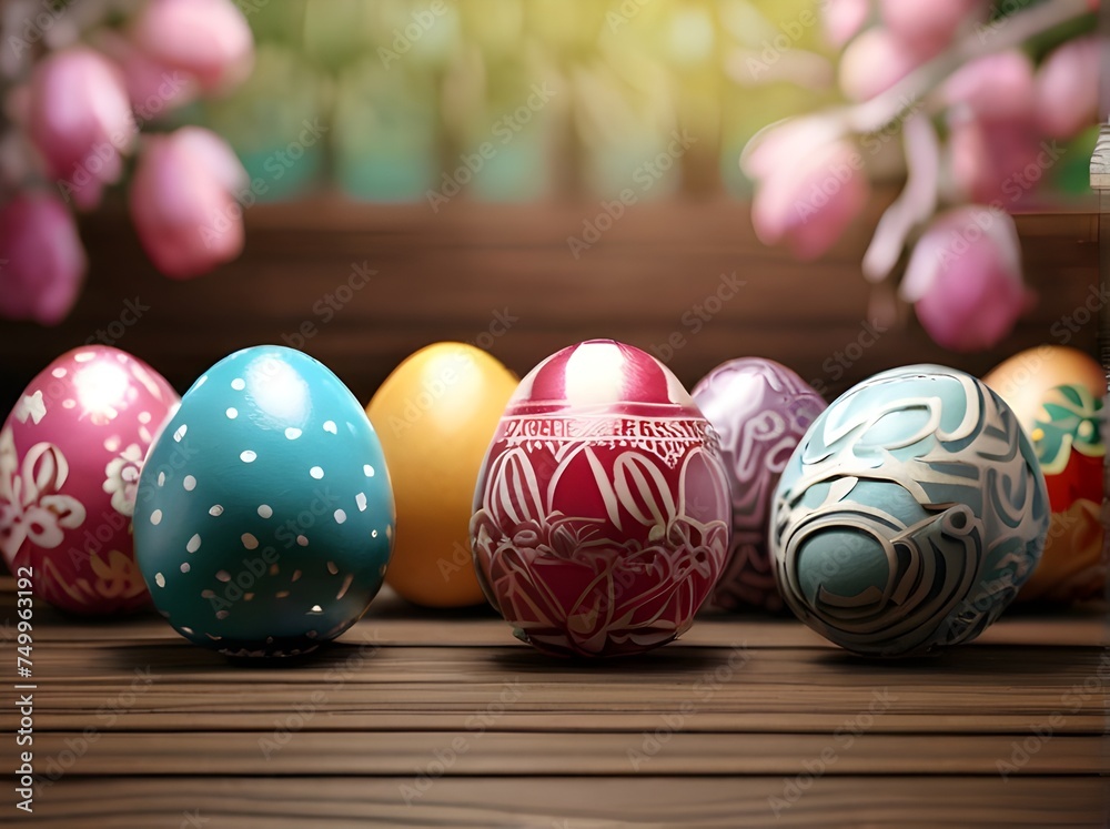 Close up beautiful Easter Eggs with  flowers background