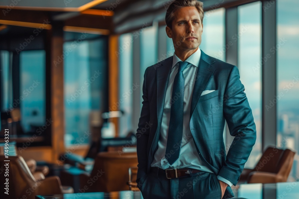 Fototapeta premium Confident Businessman in a Stylish Suit Standing in a Modern Office With a Panoramic City View
