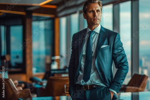 Confident Businessman in a Stylish Suit Standing in a Modern Office With a Panoramic City View