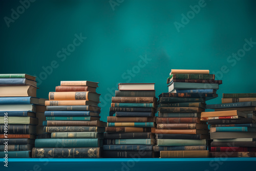 Old vintage books on turquoise background. Many hardcover books. Collection of Antique books
