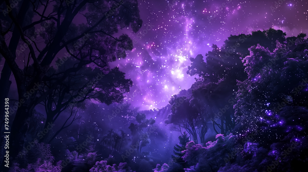 Mysterious fairytale scenery with dark forest and glowing stars