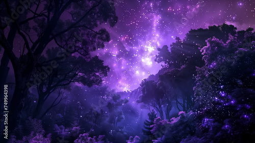 Mysterious fairytale scenery with dark forest and glowing stars