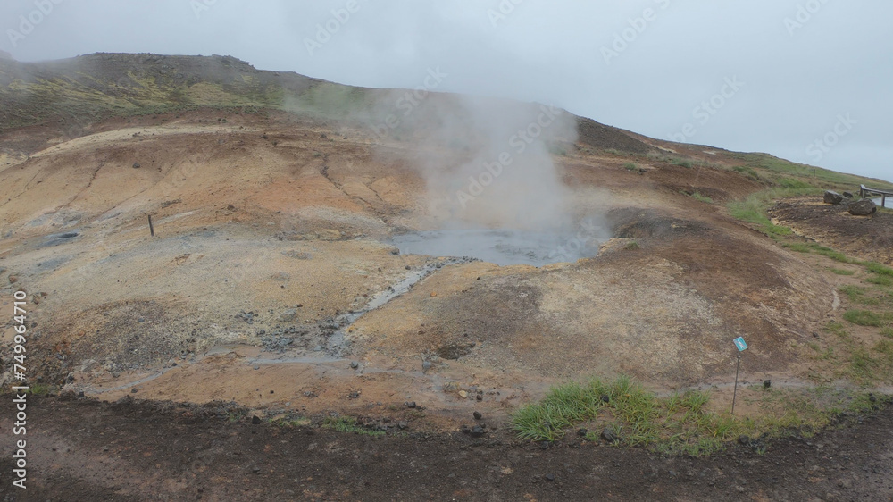 Seltún - the colourful Geothermal Area at Krýsuvík, Iceland. Krýsuvík geothermal area is defined by mud pots, hot springs, and steaming vents. The multi-colored mineral deposits at Krysuvik.