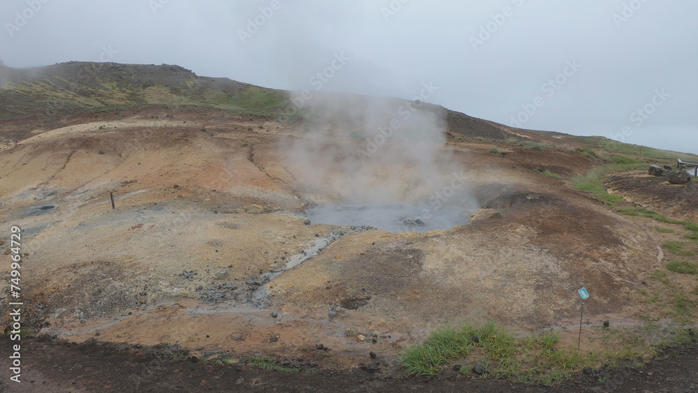 Seltún - the colourful Geothermal Area at Krýsuvík, Iceland. Krýsuvík geothermal area is defined by mud pots, hot springs, and steaming vents. The multi-colored mineral deposits at Krysuvik.