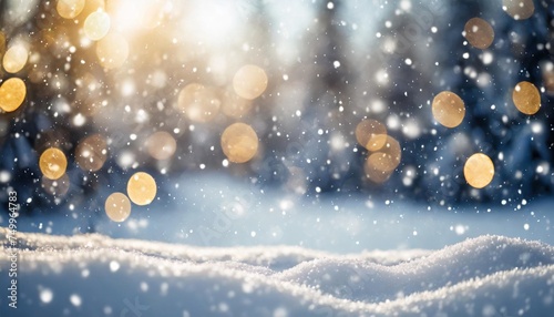 snow covered ground falling snowflakes and blurry festive lights winter landscape christmas background with copyspace © Jayla