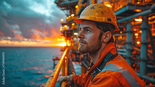 On an oil or natural gas rig at sea, an engineer is at work.