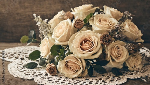 a vintage inspired arrangement array in sepia and cream embellished with antique lace and faded rose motifs