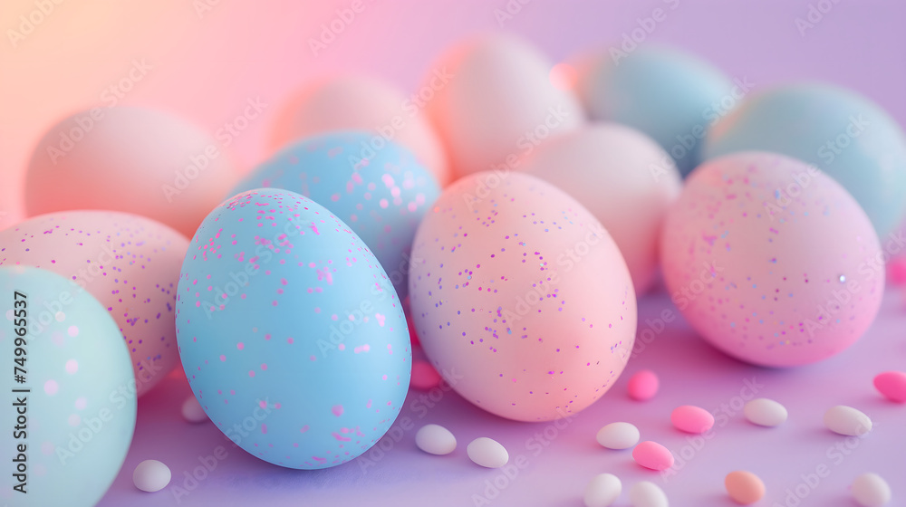 Vivid holographic neon Easter on a glossy gradient fluid background. Pink color tone.