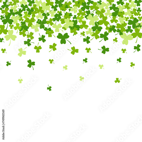 St. Patrick s Day background with green clover leaves falling down with an open space at the bottom for your text. Vector illustration