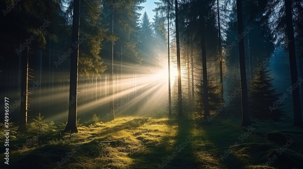 Rays of sunlight in the spruce forest. Sun shining accomplanied by trees background