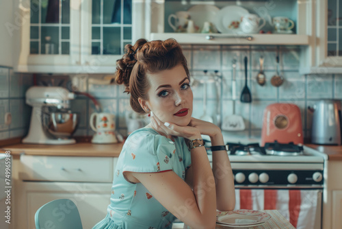 Portrait of an attractive housewife at the kitchen, retro life style photo