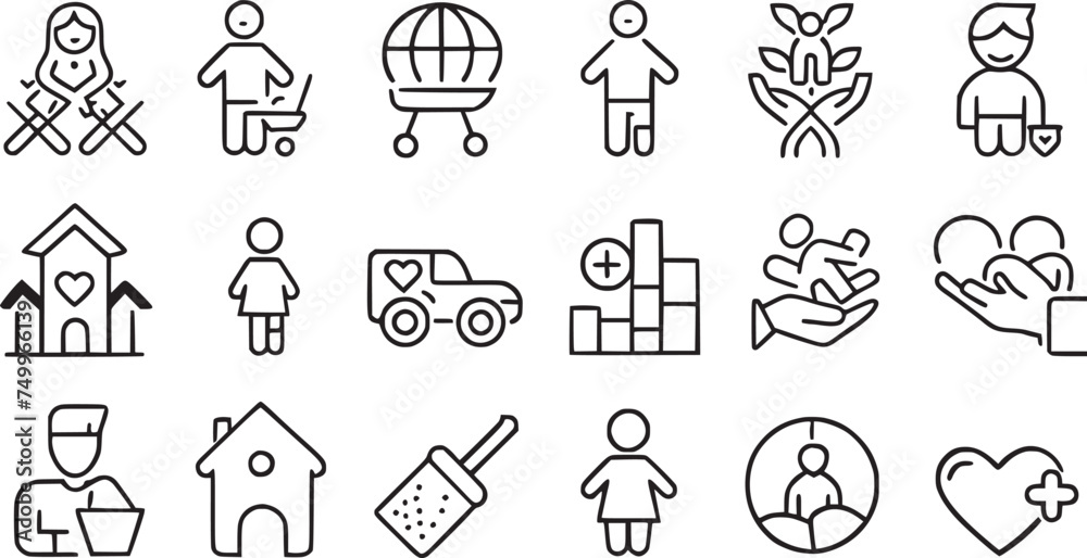 Care, awareness, safety, support, parenthood, Child care icons set vector collections. Care, awareness, safety, support, parenthood, Child care icons set vector collections.