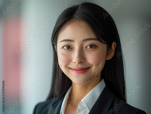 happy smiling or laughing Asian female office worker with black straight hair