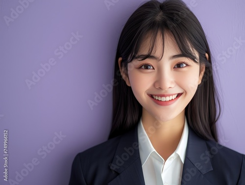 happy smiling or laughing Asian female office worker with black straight hair