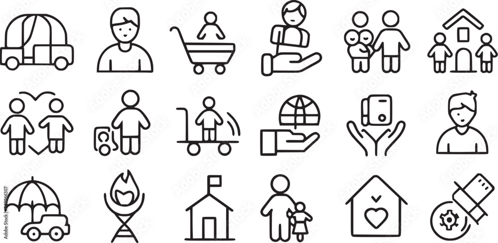  Care, awareness, safety, support, parenthood, Child care icons set vector collections. 