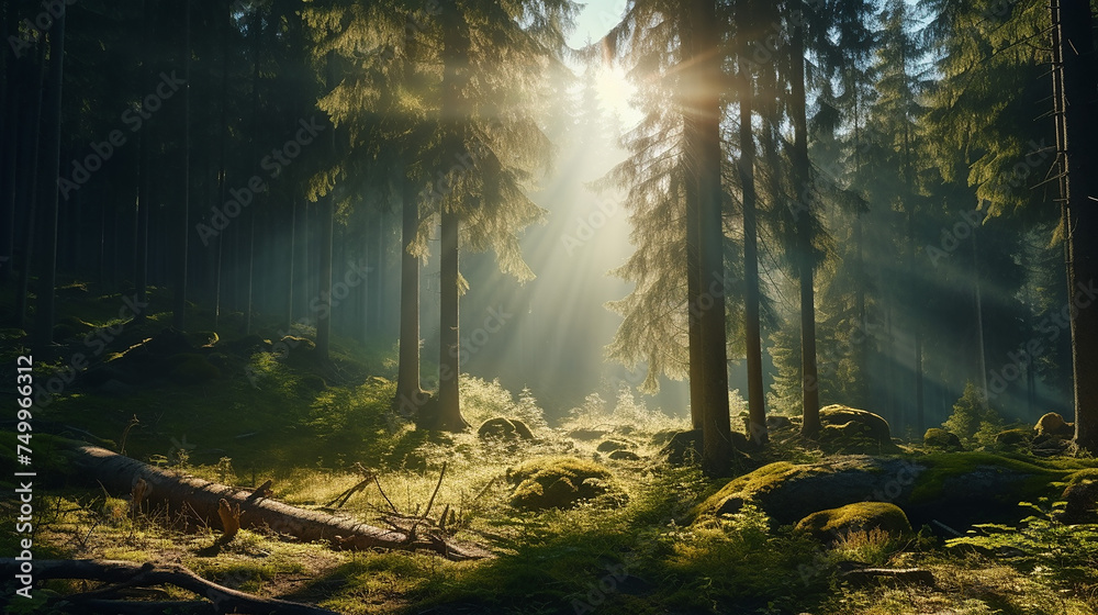 Rays of sunlight in the spruce forest illustration. Sun shining accomplanied by trees background - obrazy, fototapety, plakaty 