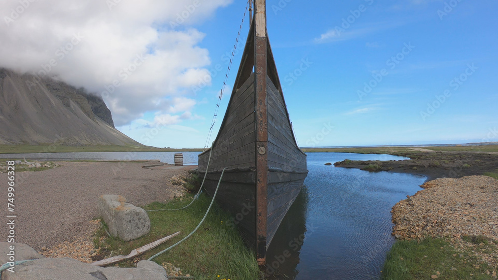 Old abandoned Viking Village boat, former movie set, in Stokksnes, Iceland.