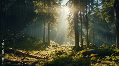 Rays of sunlight in the spruce forest illustration. Sun shining accomplanied by trees background