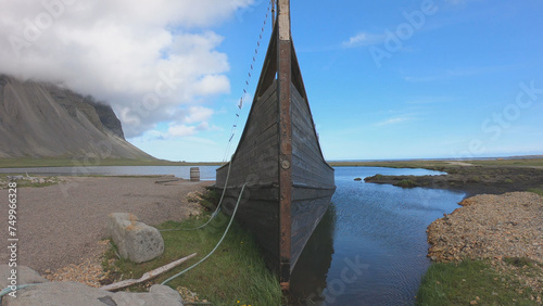 Old abandoned Viking Village boat, former movie set, in Stokksnes, Iceland.